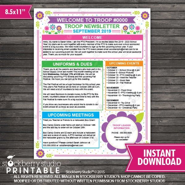 Newsletter Template Editable - Teacher Newsletter Printable - Event Newsletter - Parent Communication Form - School Newsletter - Troop