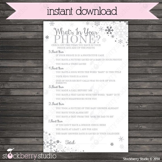 Winter Baby Shower What's In Your Phone Game Printable - Instant Download - Gray Snowflake Baby Shower - Winter Wonderland Baby Shower Games Il_570xn