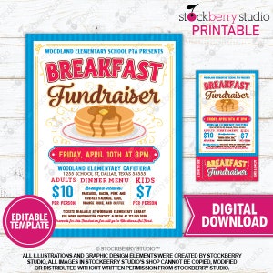 Pancake Breakfast Fundraiser Flyer Ticket PTA PTO School Fundraiser Church Charity Event Invite Template Printable Instant Download Editable Breakfast