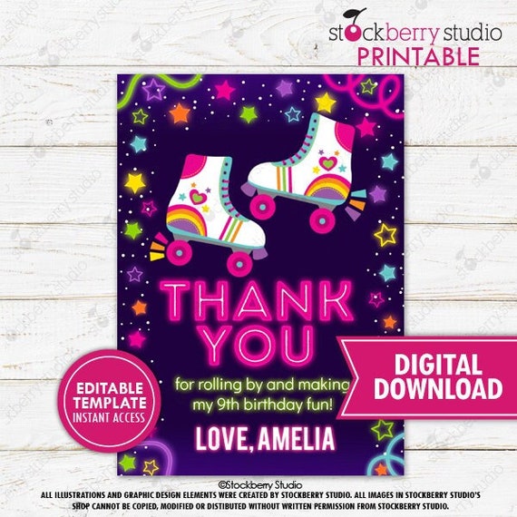Glow Roller Skate Thank You Card Printable Girl Neon Rainbow Skating Birthday Party Roller Skate Digital Instant Download Editable Template Il_570xn