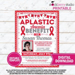 Può includere: Un volantino stampabile rosso e bianco per un beneficio di anemia aplastica per Susan Thomas. Il volantino include una foto di Susan, i dettagli dell'evento e un cerchio rosa che dice "Modello modificabile". Un rettangolo rosa dice "Download digitale".