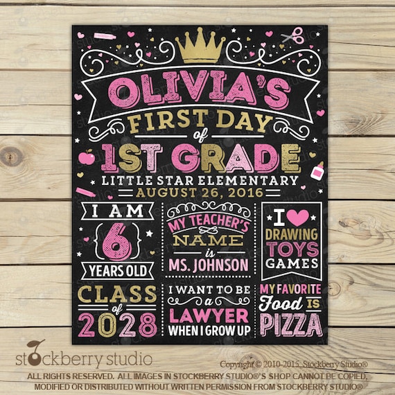 Girl First Day of School Sign - Princess Back to School Sign - Pink and Gold First Day of School Chalkboard Sign - 1st Day of 1st Grade Sign Il_570xn