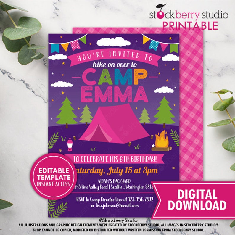 Puede incluir: Una invitaci&oacute;n imprimible morada y rosa para una fiesta de cumplea&ntilde;os con tem&aacute;tica de campamento. La invitaci&oacute;n dice "&iexcl;Est&aacute;s invitado a hacer una caminata hasta el Campamento Emma para celebrar su sexto cumplea&ntilde;os! S&aacute;bado 15 de julio a las 3 pm. El patio trasero de Aidan, 43 Fine Valley Road | Seattle, Washington 9813. RSVP a la directora del campamento Lisa al 123.456.7892 o lisa.johnson@email.com"