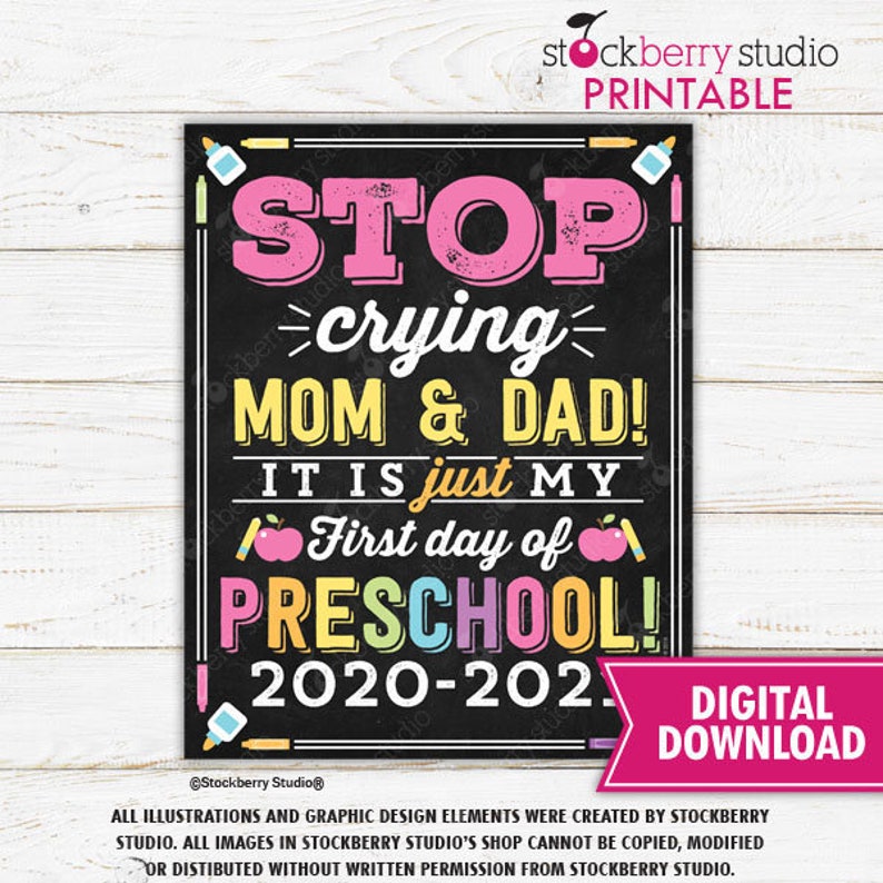 stop crying mom dad sign printable first day of preschool etsy