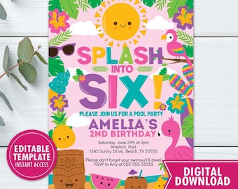 Splash into Six 6e verjaardag meisje uitnodiging zwembad feest afdrukbare Splish Splash zomer zwemfeest uitnodiging tropische Instant Download bewerkbaar