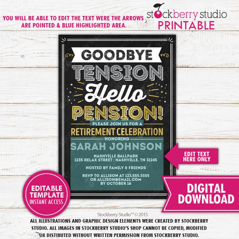 Retirement Invitation Printable Goodbye Tension Hello Pension Nurse Teacher Police Retirement Party Invitation Editable Instant Download