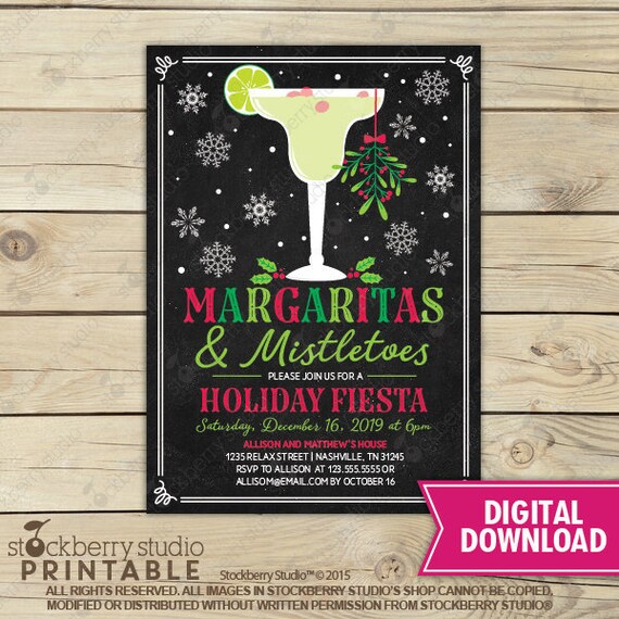 Margaritas and Mistletoe Invitation - Christmas Cocktail Invitation - Holiday Cocktail Party Invitation - Christmas Party Invite Printable Il_570xn