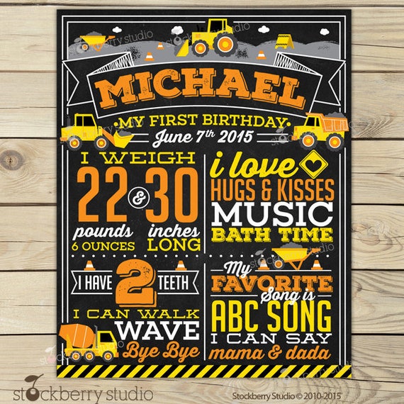 Construction 1st Birthday Chalkboard Poster Printable - Photo Prop - Construction First Birthday Party - Personalized Chalkboard Sign Il_570xn