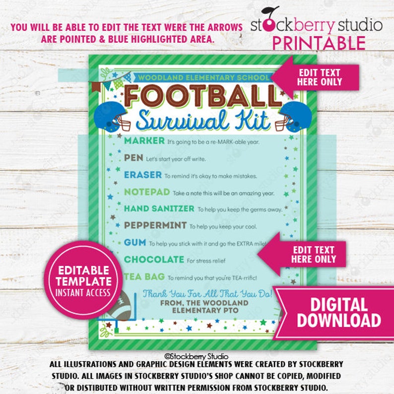 Football Survival Kit Printable Player Sports Team Gift Kids School ...