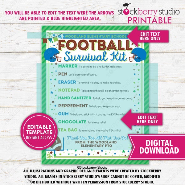 Football Survival Kit Printable Player Sports Team Gift Kids School ...