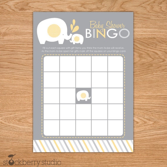Elephant Baby Shower Bingo Game Printable - Yellow and Gray Elephant Baby Shower Games - Instant Download - Grey Gender Neutral Baby Shower Il_570xn