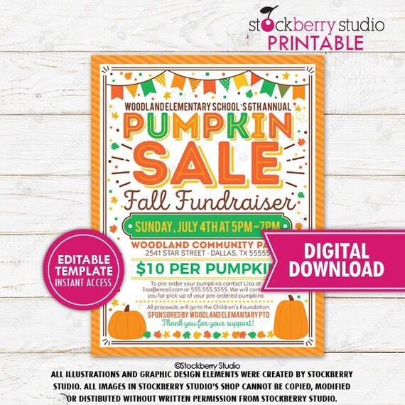 Pumpkin Sale Fundraiser Flyer Printable Editable Fall Harvest Halloween Party Invitation School PTO PTA Church Community Event Template Il_570xn