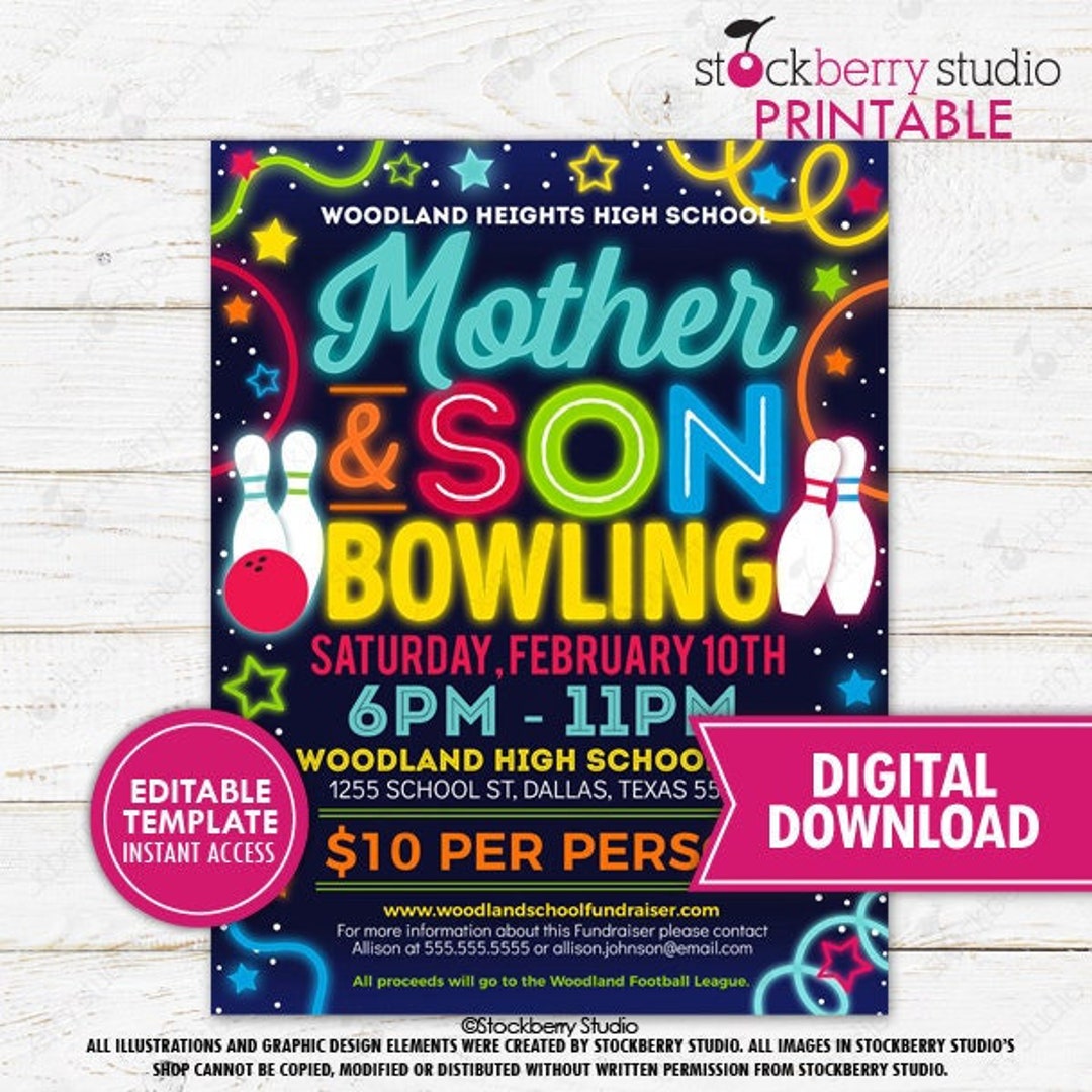 Mother Son Bowling Flyer Printable PTO PTA School Dance Party