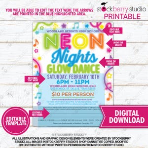 Neon Nights Glow Dance Flyer Ticket Set Printable High School Party ...