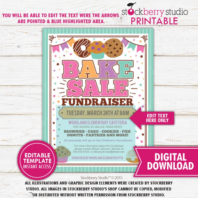 Bake Sale Flyer PTA PTO School Fundraiser Church Charity Event Invite Cake Sale Template Printable Instant Download Editable image 2