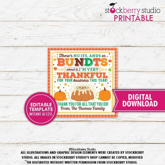 Fall Bundt Cake Business Gift Tag Printable Autumn Realtor Pop By No Ifs Ands Bundts Thank You Label Appreciation Editable Template Il_570xn