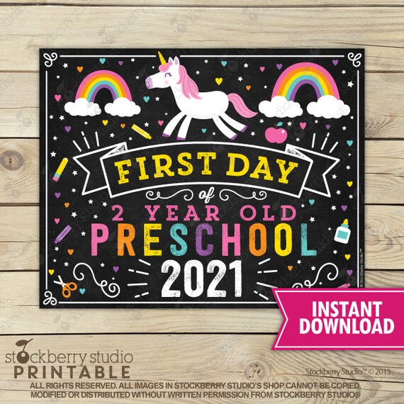 Unicorn First Day of 2 Year Old Preschool Sign - Girl First Day of Preschool Sign - First Day of School Sign Printable - Instant Download Il_570xn