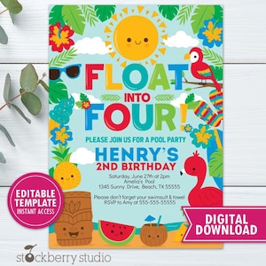May include: A colorful invitation for a pool party with the text "Float Into Four" and "Henry's 2nd Birthday." The design includes a smiling sun, a parrot, a flamingo, and tropical elements. The invitation is a digital download.
