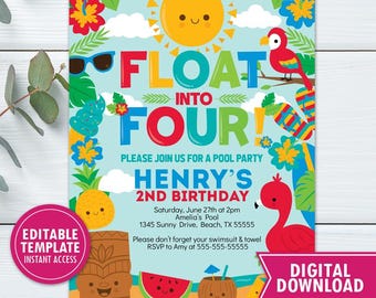 Invitación imprimible para fiesta de piscina de niño de 4 años "Float into Four" - Fiesta de verano en la piscina - Descarga instantánea editable