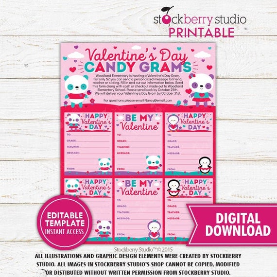 Valentine Candy Grams Printable Valentines Day Candy Gram Editable School Fundraiser Valentines