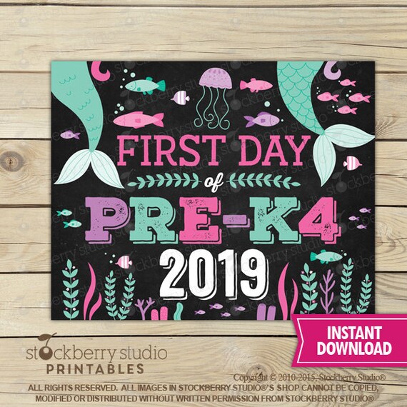 Mermaid First Day of Pre K4 Sign Instant Download - Girl First Day of Pre-K 4 Sign Printable - First Day of School - first day of Prek4 sign Il_570xn