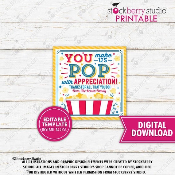 Popcorn Thank You Tag Printable Teacher Appreciation Tag Popcorn Gift Tag Editable Popping by to Say School Employee Staff Volunteer PTO PTA Il_570xn