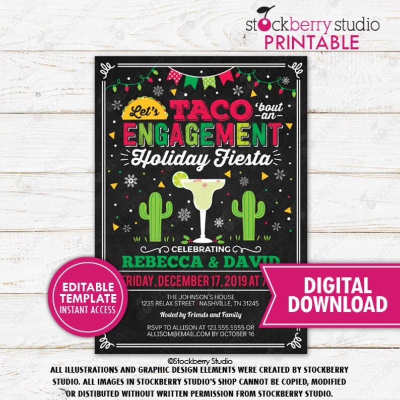 Fiesta Engagement Invitation Printable Holiday Taco Bout A Love Invite Margarita and Mistletoe Feliz Navidad Party Editable Template image 1