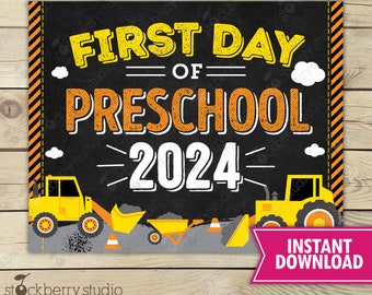 Construction First Day of Preschool Sign Instant Download - First Day of Preschool Sign Printable - Boy First Day of School Sign