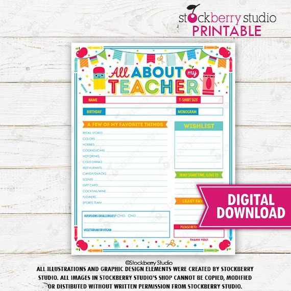 Teacher Survey Favorites List Questionnaire All About the Teacher Questions getting to know wish list Teacher Appreciation Gifts Printable Il_570xn