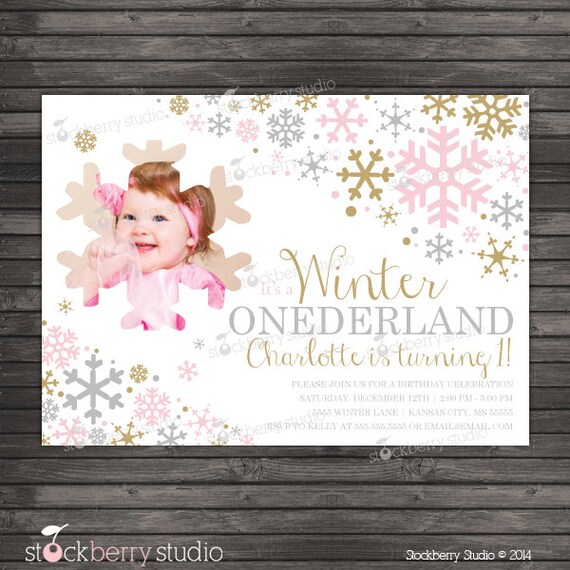 Winter First Birthday Invitation - Girl Winter Onederland Birthday Invite Printable - Winter 1st Birthday - Pink Gold Gray Snowflake Invites Il_570xn