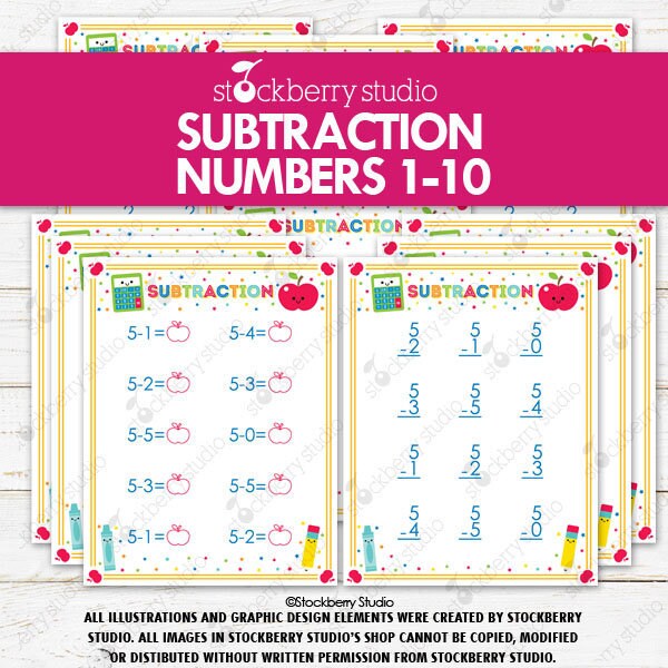 subtraction worksheets printable numbers 1 10 kindergarten 1st etsy