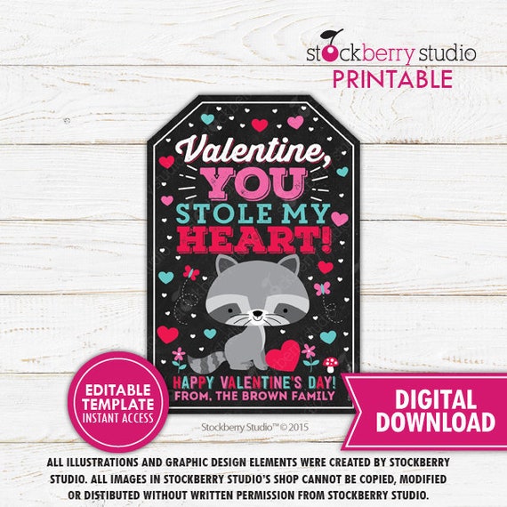 Raccoon Valentine's Day Gift Tag Printable Valentine Favor Tags Valentine Treat Tags Editable Valentine Kids Classroom Instant Download Il_570xn