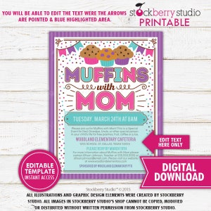 Muffins with Mom Invitation PTA School Flyer Mother's Day Brunch PTO Fundraiser Lunch Mom Appreciation Breakfast Printable Instant Editable image 2