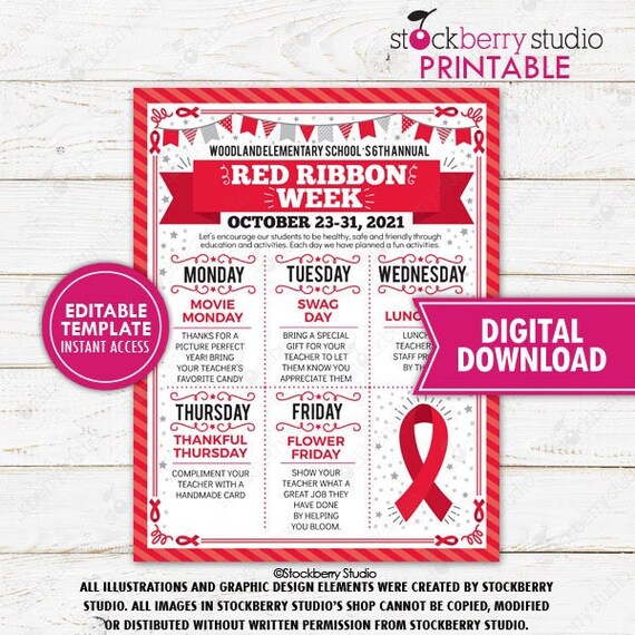 Red Ribbon Week Schedule Itinerary Flyer Printable Drug Free School PTO PTA Company Nonprofit Organization Event Planner Editable Template Il_570xn