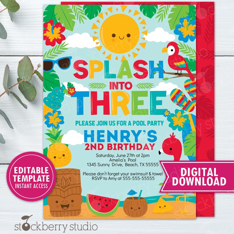 Splash Into Three 3rd Birthday Boy Pool Party Invitation Printable