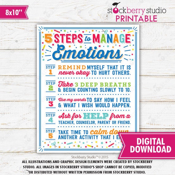 School Counselor Sign 5 Steps to Manage Emotions School Counseling Poster School Counseling Office Decor Teacher Classroom Poster Printable Il_570xn