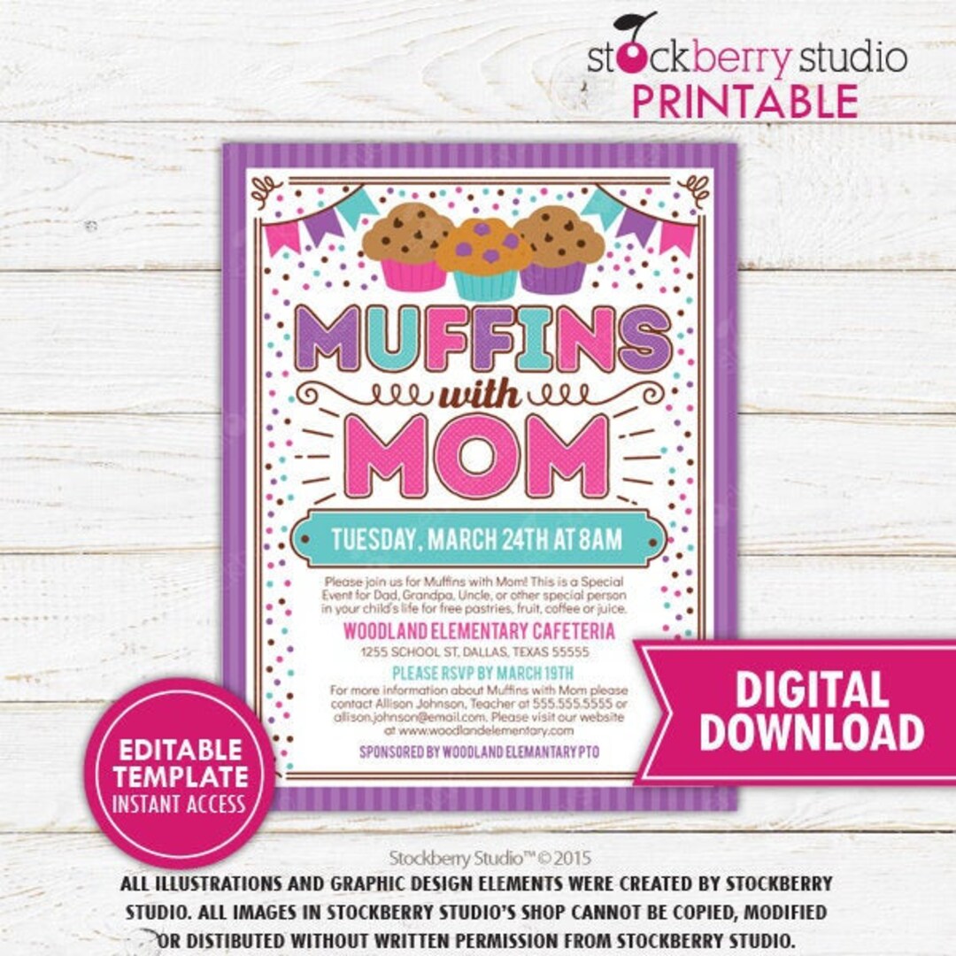 Muffins With Mom Invitation PTA School Flyer Mother's Day Brunch PTO