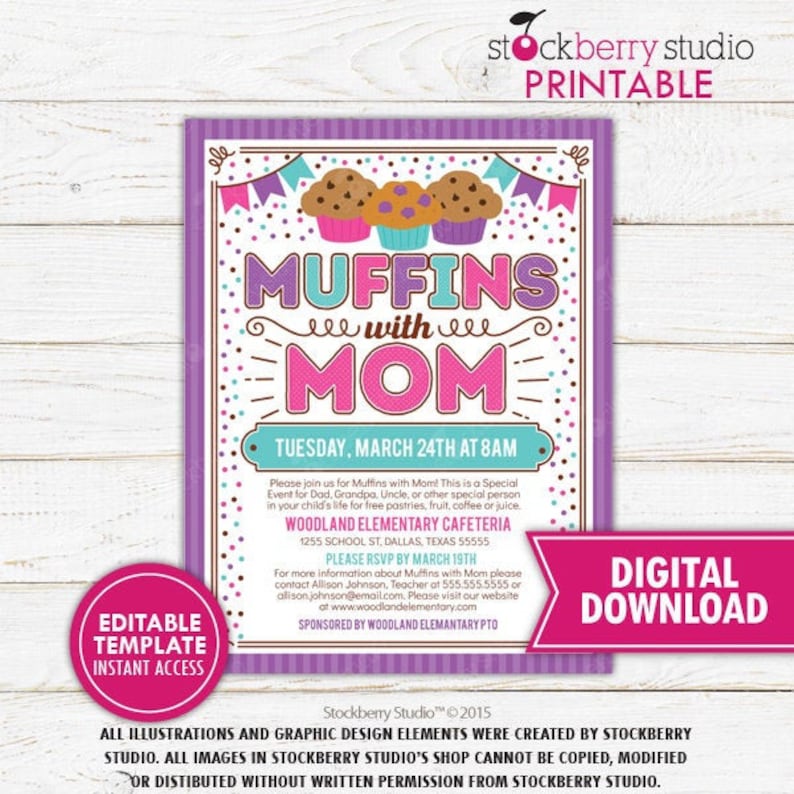 Muffins with Mom Invitation PTA School Flyer Mother's Day Brunch PTO Fundraiser Lunch Mom Appreciation Breakfast Printable Instant Editable Muffins with Mom