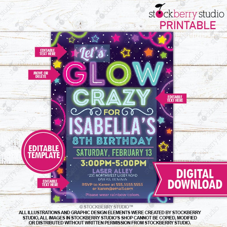 Glow Party Invitation Printable Girl Neon in the Dark Glow Invite Rainbow Girls Teen Birthday Printed Invite or Digital Download Editable image 2