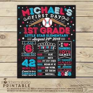 Girl First Day of School Sign Printable 1st Day of School Sign Back to School Sign First Day of School Chalkboard for Girls Kindergarten Pic 2: Baseball