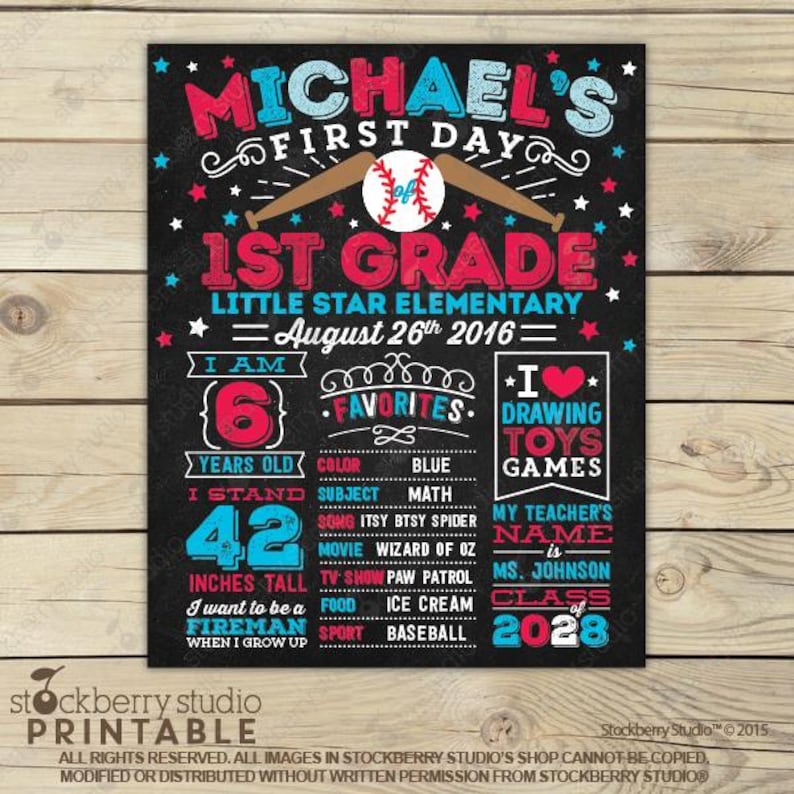 Girl First Day of School Sign Printable 1st Day of School Sign Back to School Sign First Day of School Chalkboard for Girls Kindergarten Pic 2: Baseball