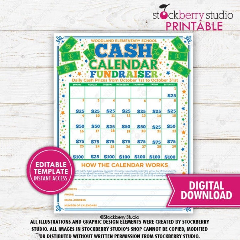 Cash Calendar Fundraiser Flyer Printable Handout Sheet Take Etsy