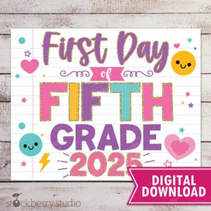 First Day of 5th Grade Sign Girl First Day of Fifth Grade Printable 1st Day of School Back to School Photo Prop Digital Instant Download