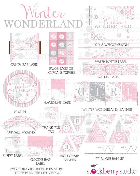 Winter Wonderland Baby Shower Decorations Printable Pink Gray