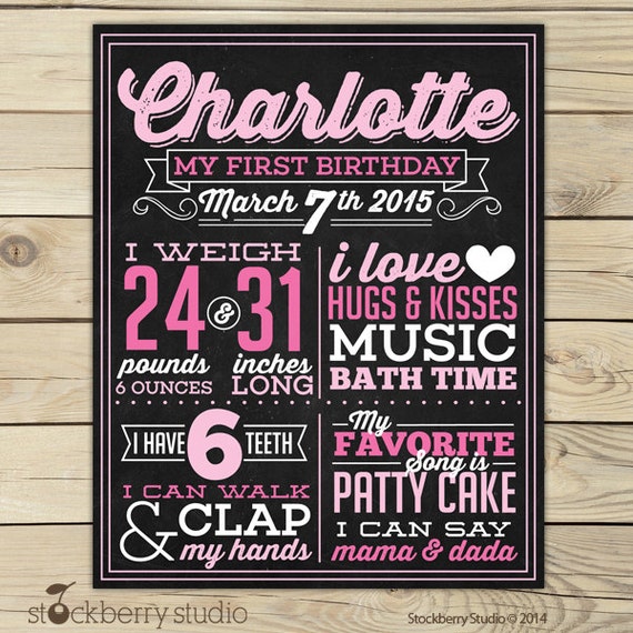 Girl First Birthday Chalkboard Sign Printable - Girl 1st Birthday Chalkboard Sign - 1st Birthday Chalkboard Poster - Board Photo Prop Pink Il_570xn