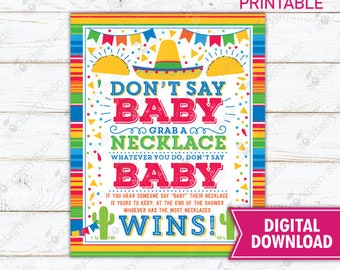 Fiesta Baby Shower Necklace Game Sign Don't Say Baby Game Sign Taco Bout A Baby Mexican Themed  Printable Instant Download