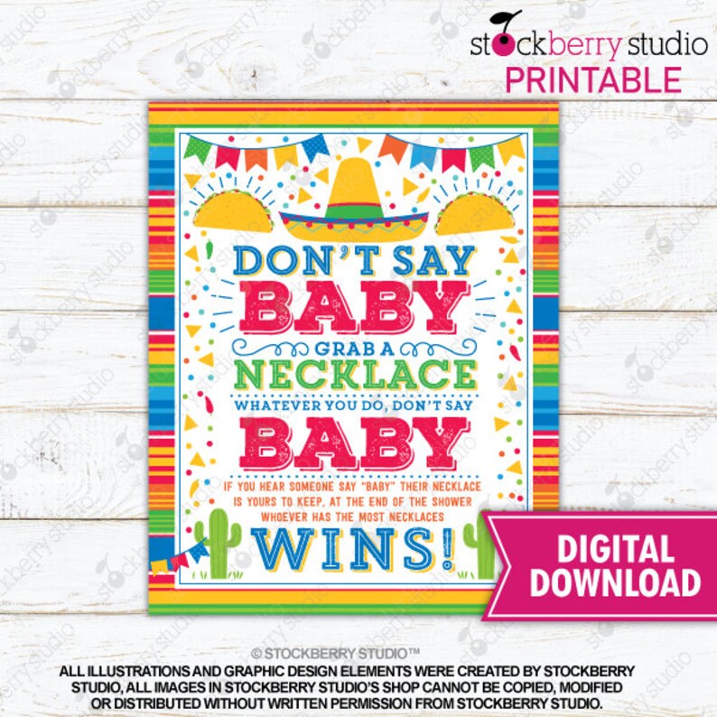 Fiesta Baby Shower Necklace Game Sign Don't Say Baby Game Sign Taco Bout A Baby Mexican Themed Printable Instant Download image 1