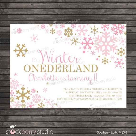 Girl Winter Onederland Birthday Invitation - Pink and Gold First Birthday Invitation - Winter Wonderland Birthday Invitation Printable Il_570xn