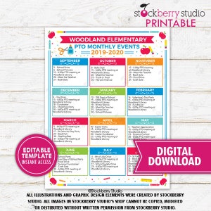 PTA PTO Monthly Calendar Printable School Year Fundraiser Event Handout Seasonal Teacher Organizer Template Volunteer Meeting Agenda