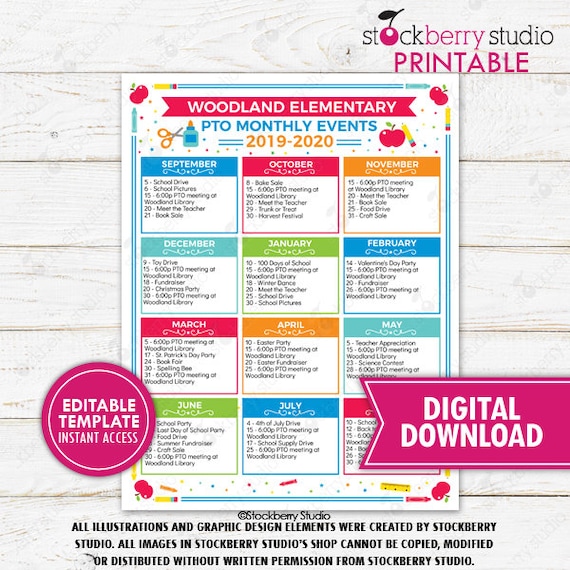 Printable Editable PTO PTA Monthly Events Template TidyLady 